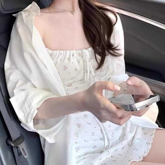 法式白色bm碎花吊带连衣裙女夏季甜辣收腰系带裙子小个子a字短裙|undefined