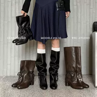 时尚棕色高筒靴女粗跟系带堆堆靴圆头高跟靴子四季时装靴长靴女靴