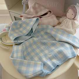 大小卷25女童连帽外套格子毛衣开衫儿童春季洋气纯毛线上衣针织