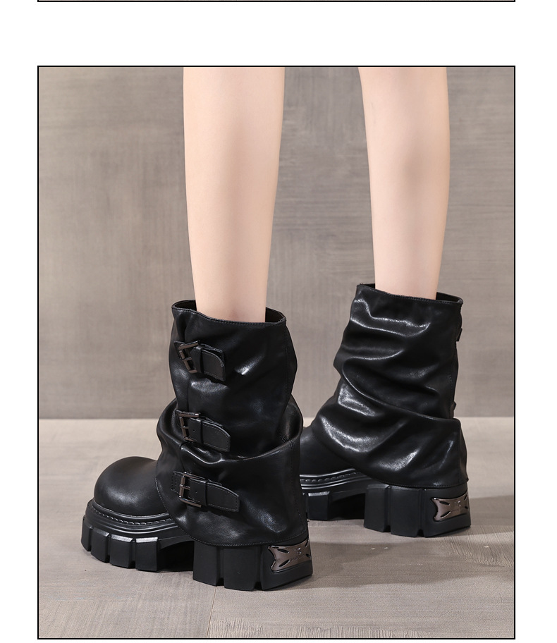 Boot nữ cổ ngắn đế dày tăng chiều cao gót 9 cm phong cách retro — nhung đen chi tiết 7