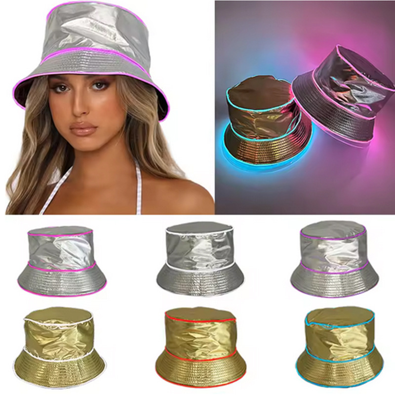 Ocio al aire libre sombrero de bañera de sol nocturna LED brillante tendencia sombrero de pescador sombrero de oro y plata sombrero de espectáculo de escenario