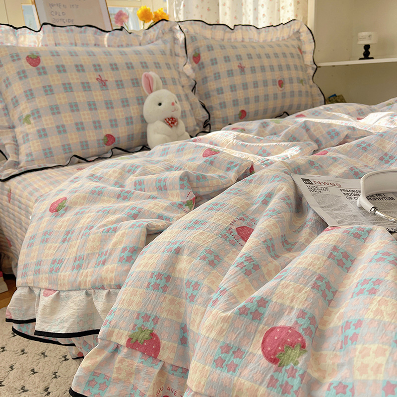 Pequeña cama de edredón de verano de hilo de doble capa fresca de cuatro piezas de ropa de cama de verano funda de edredón de encaje funda de cama de algodón lavado