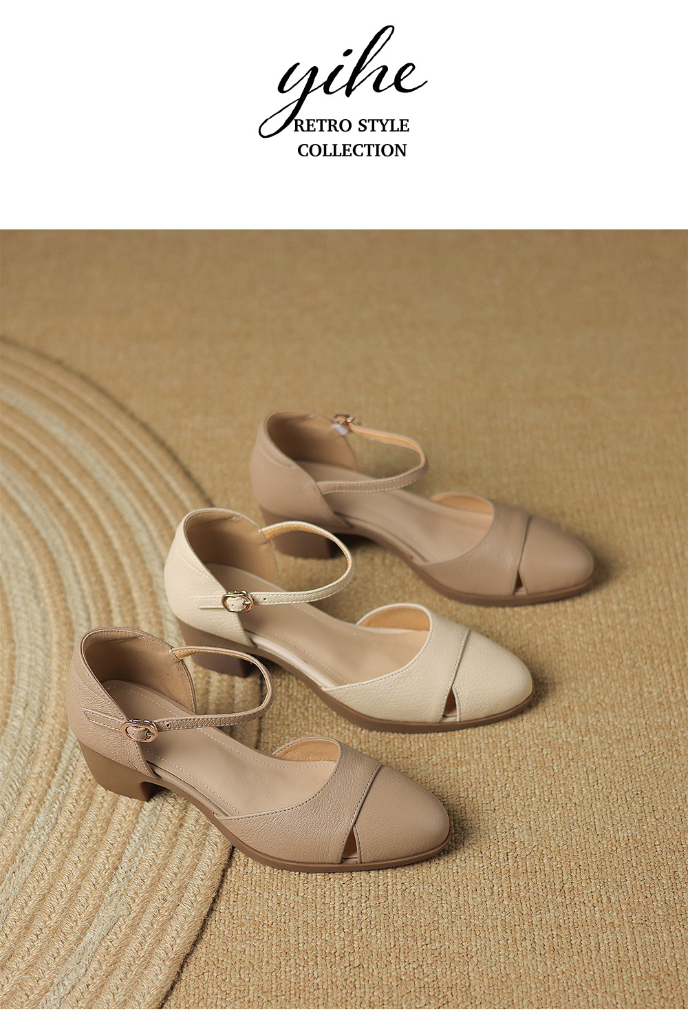 Sandal nữ da dê quai ngang khóa một dây, gót vừa 4,5 cm, mũi kín hở gót — Màu trắng nhạt chi tiết 12