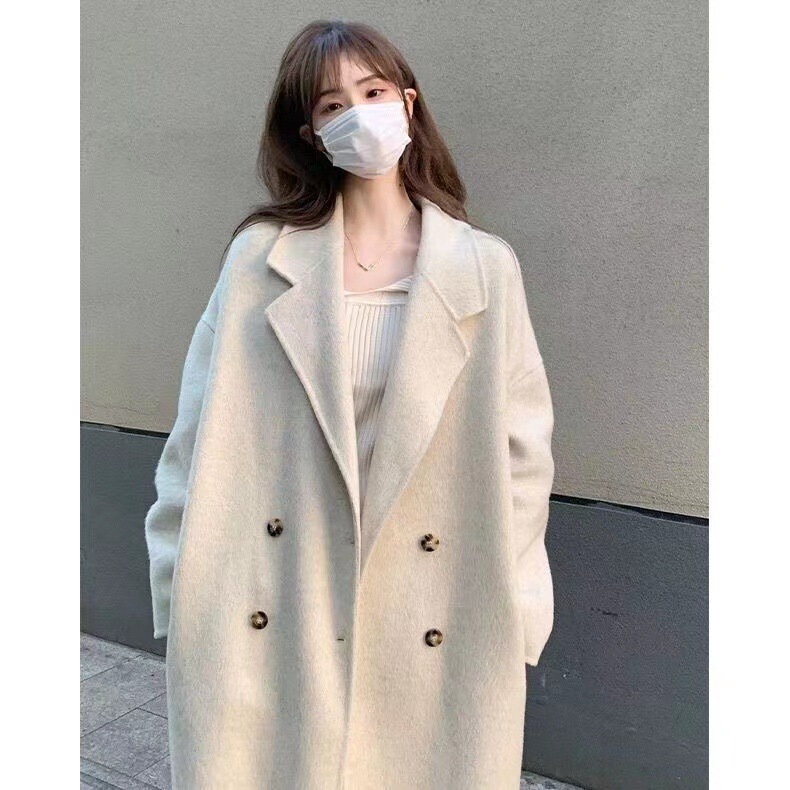 Woolen Outwear Women's Autumn and Winter New Korean Style Elegant Double-Breasted Loose Mid-Length Loose Thickeneded Woolen Outwear