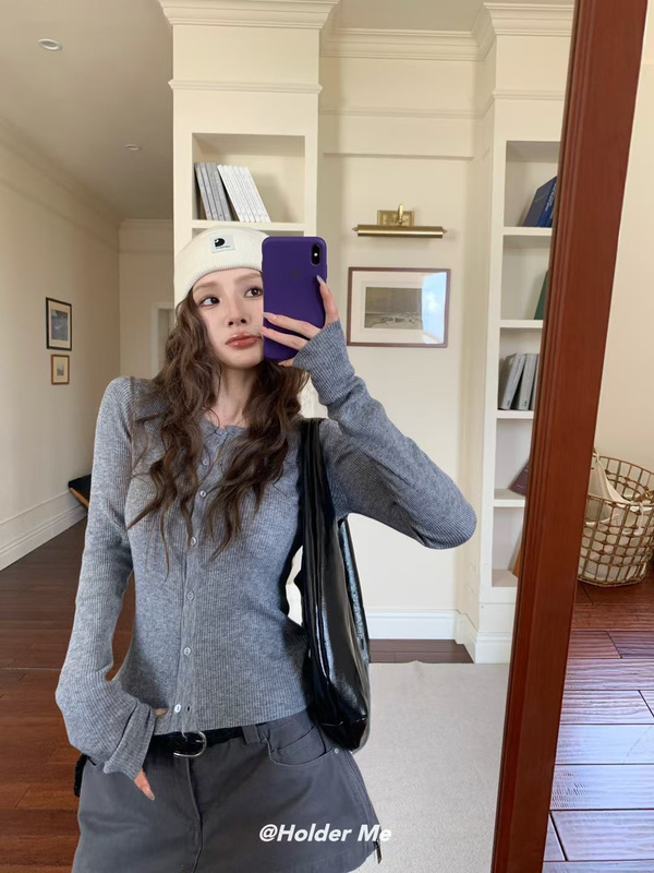 广州十三行正版超显白玫红色针织开衫毛衣女早秋修身长袖上衣外套|undefined