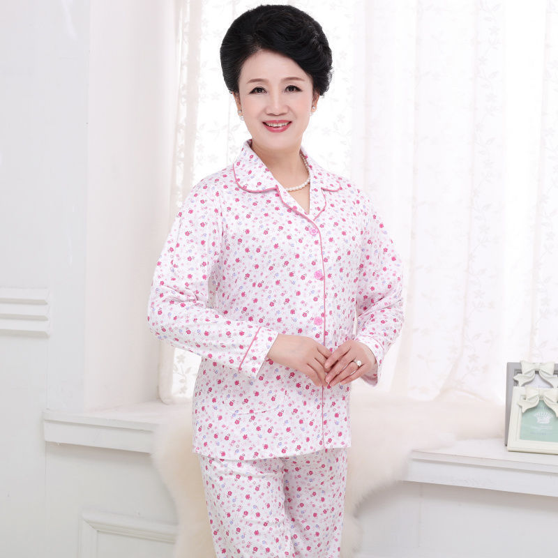 [Plus size] mamá de mediana edad y ancianos pijamas de manga larga de las mujeres de edad avanzada primavera y otoño ropa de hogar traje de Cardigan de verano