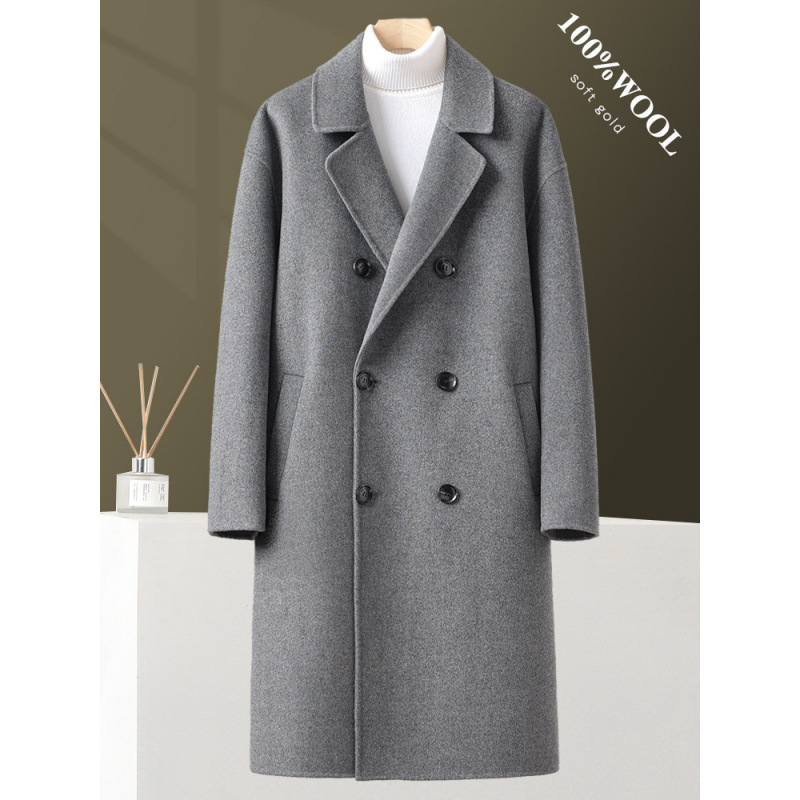 冬季双面羊绒大衣男西装领中长款双排扣落肩宽松羊毛呢子风衣外套