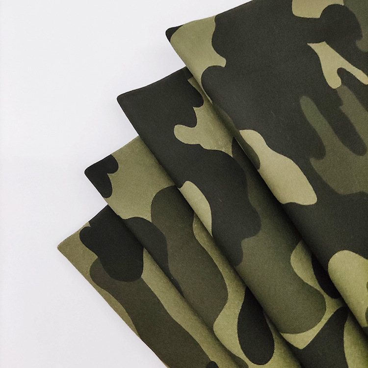 Nuevo al por mayor camuflaje impresión elástica algodón trill poliéster pantalones de camuflaje tela