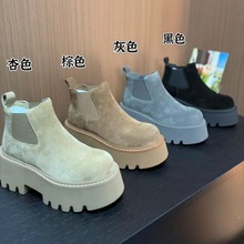 松糕厚底真皮英伦风切耳西短靴女加绒增高8cm显瘦小个子烟筒靴女