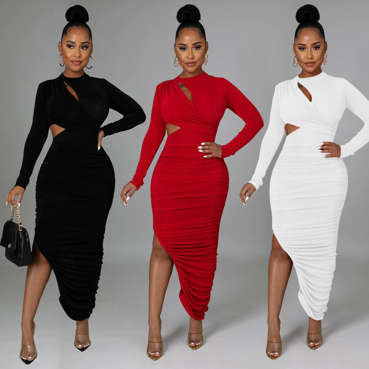 C6110 transfronterizo AliExpress Amazon moda europea y americana de las mujeres de color sólido plisado cuello redondo Vestido de manga larga vestido image 1