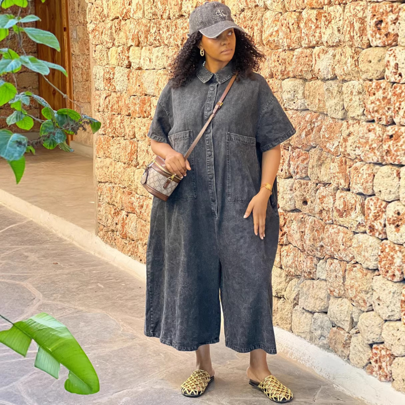 European and American Style Denim Jumpsuit Amazon Cross-Border Foreign Trade Women's Clothing Washed Single-Breasted Short-Sleeved Loose Jumpsuit