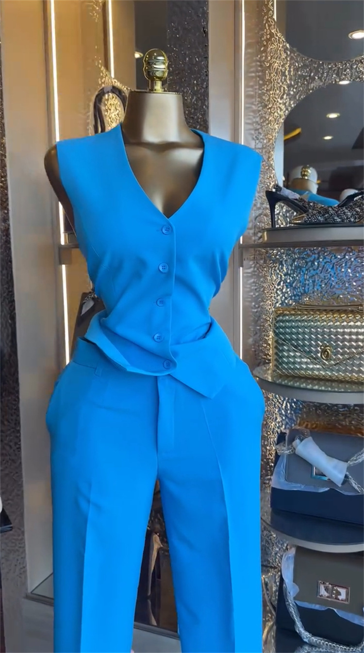 Women's V-neck Button-down Vest And Wide-leg Trouser Suit Set_voghion.com