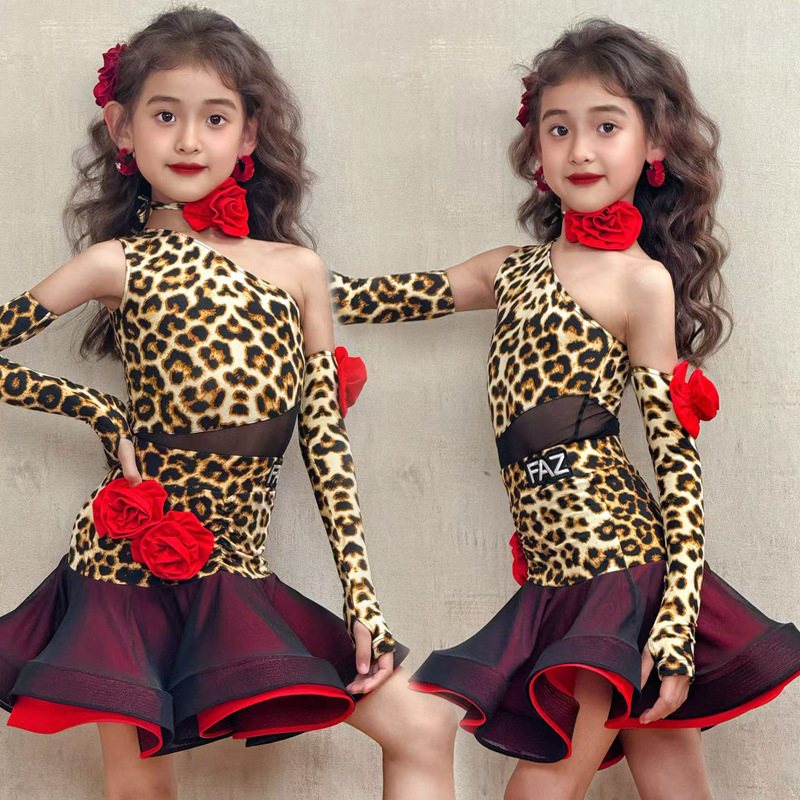 FAZ 新しい子供用ラテンダンス服ヒョウ柄メッシュ練習服女の子ハイエンドトレーニングパフォーマンス練習服|undefined