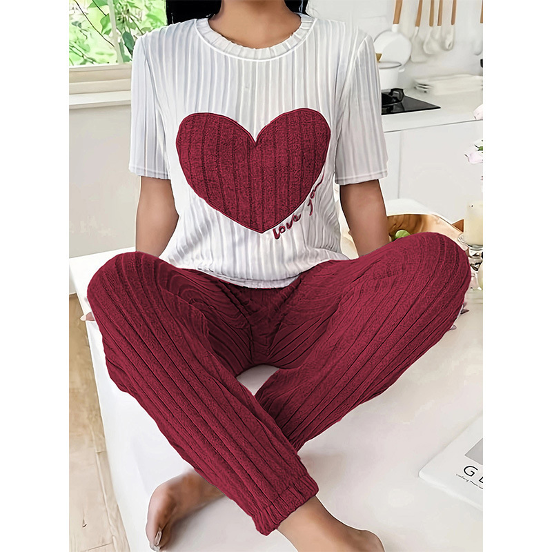 Sweet Heart Pajamas Women's Suit Autum New Elegant Round Neck Short-Sleeved Pants Two-Piece Set Comfortable Home Wear Trendy