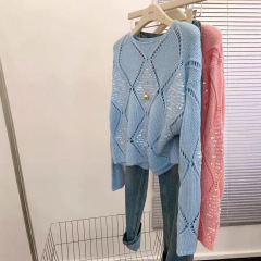 早秋蓝色亮片镂空圆领套头长袖毛衣女款新款针织衫设计感上衣ins