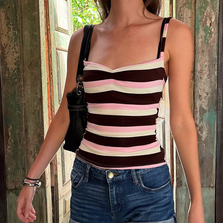 Cute Aesthetic Fashion Trendy Sleeveless Top Sexy Retro Striped Color-Blocking Ins Cross-Border 2026 New Style Camisole