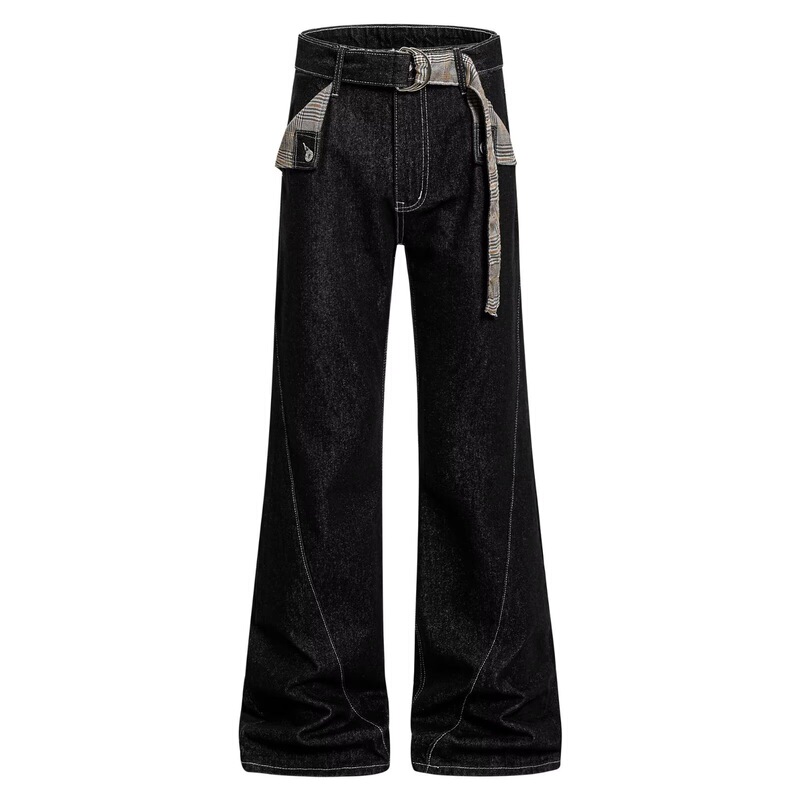 Detachable Belt Flared Jeans for Men and Women, Cleanfit Commuter Style, American-Style Raw Denim Black Straight-Leg Slimming Long Pants Detachable Belt Flared Jeans for Men and Women, Cleanfit Commuter Style, American-Style Raw Denim Black Straight-Leg Slimming Long Pants