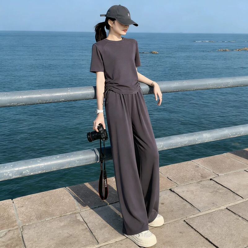 Korean Style Elegant Wide-Leg Pants Set for Women, 2026 Summer Hot Trend, Petite Fashion Slimming Casual Sports Two-Piece Set