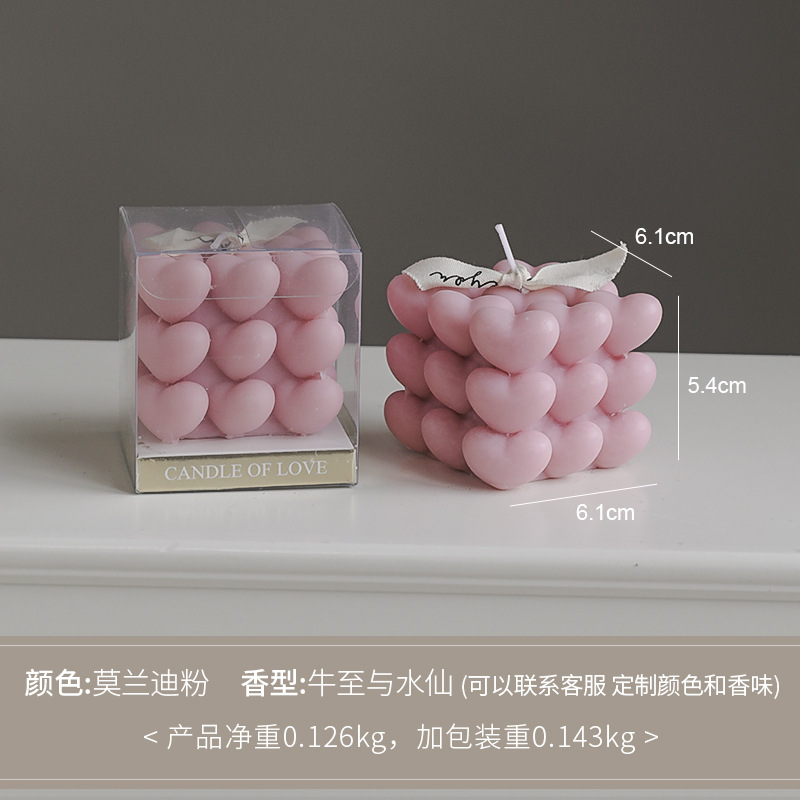 Día de San Valentín de Qixi, pequeño regalo en forma de corazón, vela de incienso de cubo Rubik, atmósfera hecha a mano, aroma de regalo de mano, vela de amor.