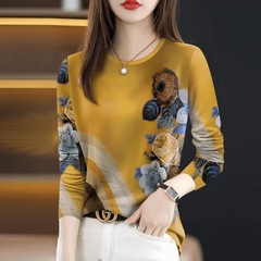 卸売り2025年の新型春秋起爆女性tシャツは痩せていて、丸首のファッション長袖を隠しています。