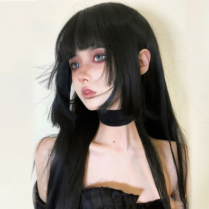 Jellyfish Cut Wig Women's Black Long Straight Hair Natural Simulation Cute Lolita Princess Cut Wig Set Jellyfish Cut Wig Women's Black Long Straight Hair Natural Simulation Cute Lolita Princess Cut Wig Set