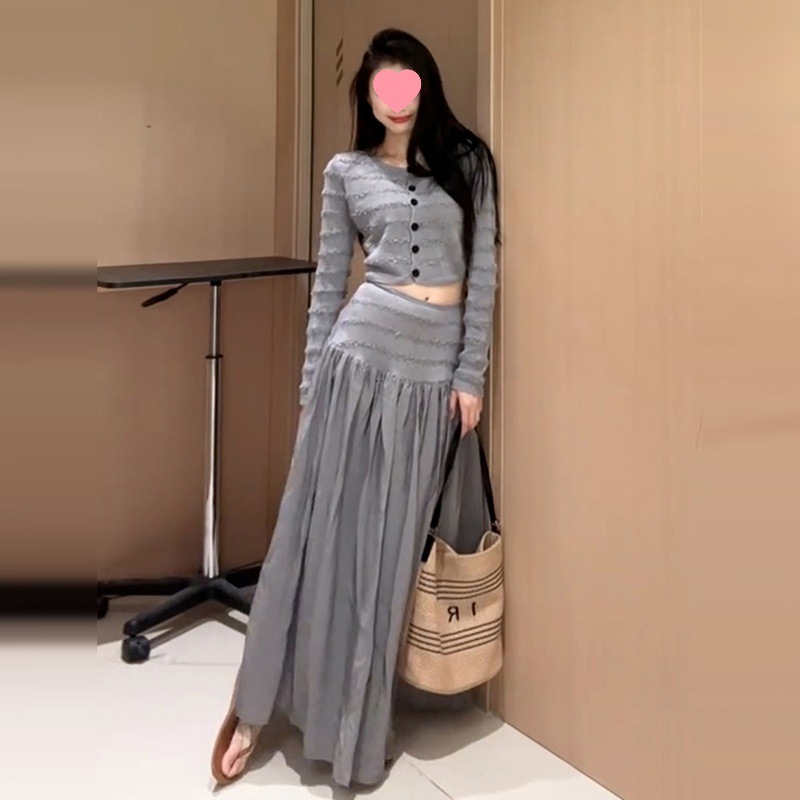 跨境灰色条纹针织套装连衣裙子女5新秋季绝美韩系穿搭一整套长裙|undefined