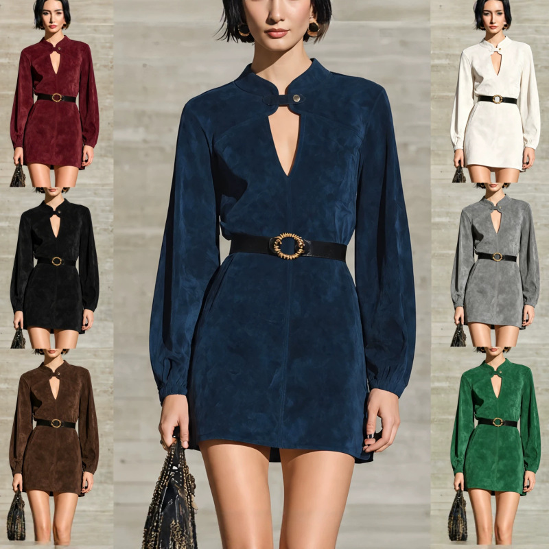 Suede velvet stand-up collar, cut-out long-sleeve mini dress, women's European and American western style, fitted waist with belt, A-line mini skirt, cross-border Suede velvet stand-up collar, cut-out long-sleeve mini dress, women's European and American western style, fitted waist with belt, A-line mini skirt, cross-border
