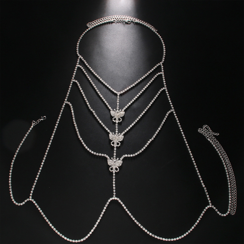 Transfronteriza nueva cadena de pecho de diamantes de imitación europea y americana sexy de múltiples capas mariposa Halter Cadena de pecho bola accesorios cadena del cuerpo