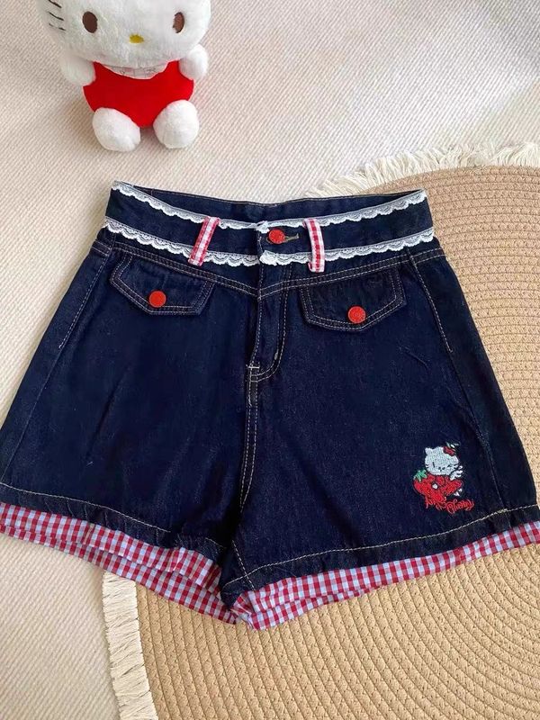 アメリカのホットガールデザイン猫刺繍デニムショートパンツ女性の夏のチェック柄レースステッチ弾性痩身パンツ|undefined