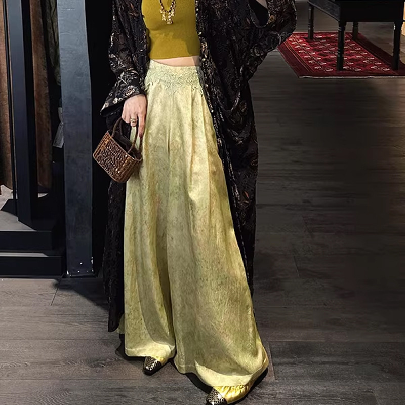 In Stock【Jiale】Acetate Natural Plant Print Gold-Dipped Drape Pants 2026 Spring New Casual Pants In Stock【Jiale】Acetate Natural Plant Print Gold-Dipped Drape Pants 2026 Spring New Casual Pants