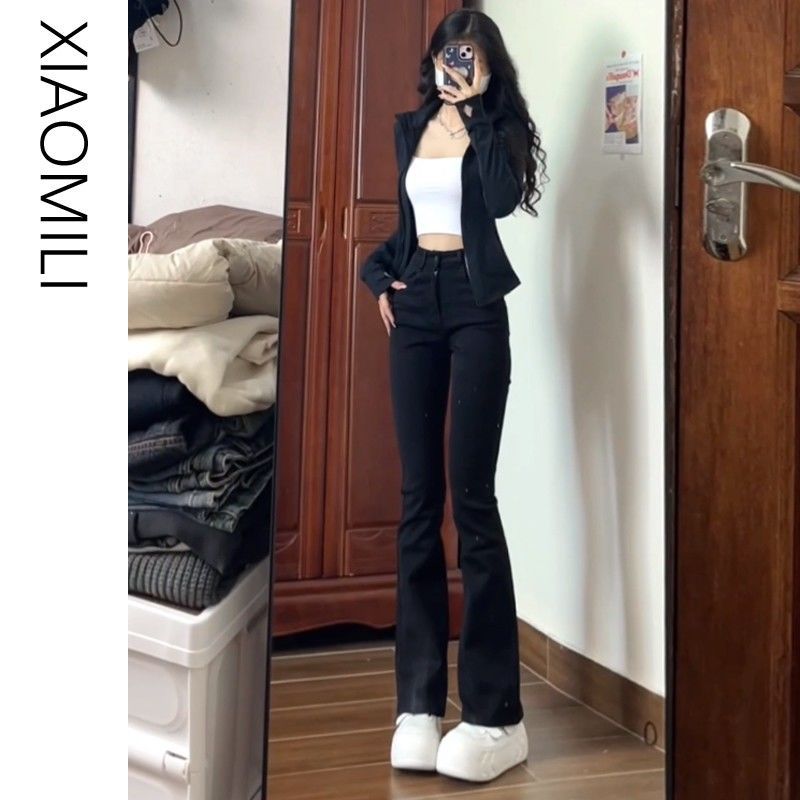 Black Stretch Micro-flare Jeans Women's Spring and Autumn High Waist Slim-fit Straight Pants Nine-point Thick Leg Figure