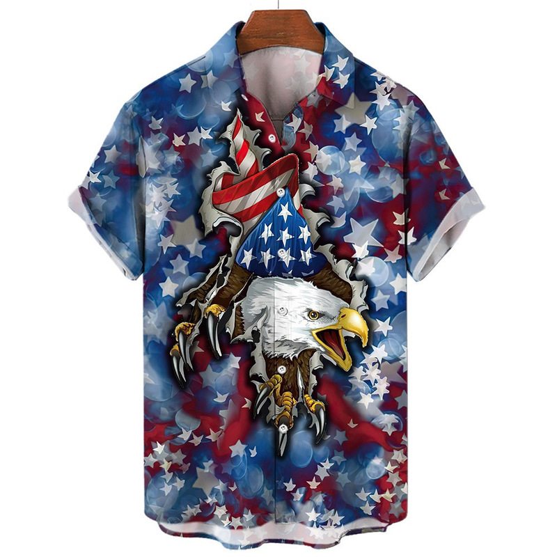 2024 Amazon Shrimp European and American Style Men's 3D American Flag Eagle Pattern Printed Short Sleeve Shirt
