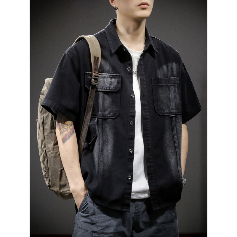American-Style Trendy Brand Gradient Washed Short-Sleeve Denim Shirt Jacket for Men, Summer Loose Versatile Workwear Denim Shirt for Men American-Style Trendy Brand Gradient Washed Short-Sleeve Denim Shirt Jacket for Men, Summer Loose Versatile Workwear Denim Shirt for Men