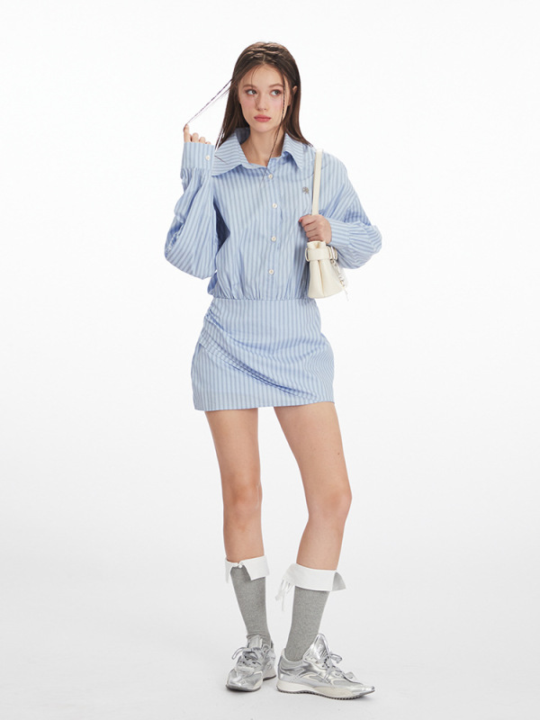 HeyHenry秋季2025新款一整套长袖衬衫连衣裙女学院收腰条纹连体衣|undefined