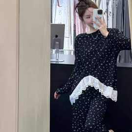 睡衣女新款秋套装甜美碎花ins风网红不对称荷叶边轻奢家居服