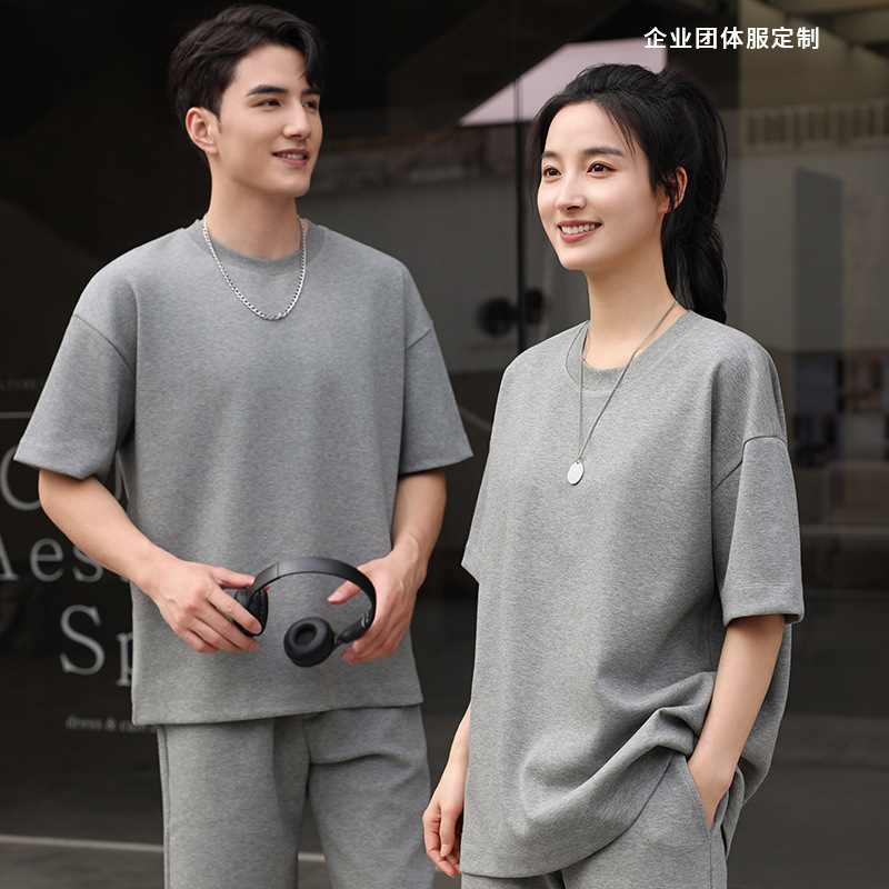 360 gramos de algodón pesado de perlas de cuello redondo marca de marea camiseta de manga corta hombro caída camiseta corporativa suelta grupo de cuello redondo personalizada