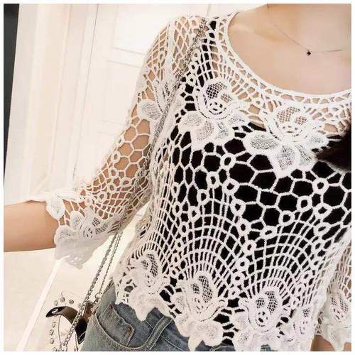 Summer versatile short-sleeved outer shawl women's thin coat lace knitted pullover hollow waistcoat small fragrance