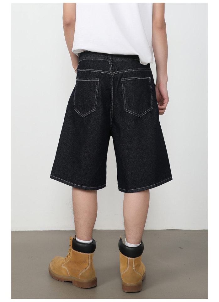 Quần short jean nam lửng ống rộng dáng suông phong cách retro, chất liệu denim thô — Denim đen, Xanh denim chi tiết 16