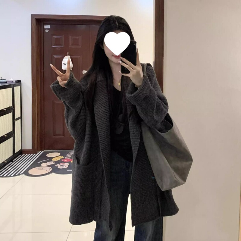 慵懒风宽松休闲针织开衫女秋冬加厚保暖气质百搭中长款毛衣外套|undefined