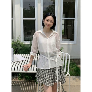 【特价不退换】系扣飘带防晒长袖衬衫女2026夏韩系薄款衬衣T6379X