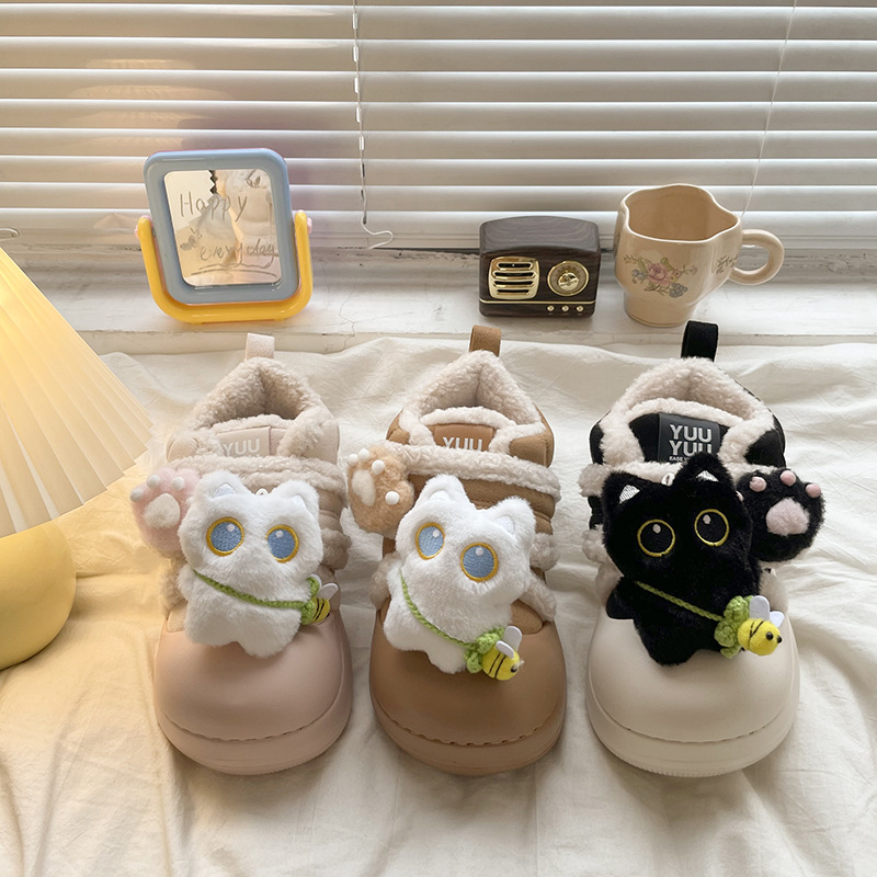 2025 Winter New Cute Cartoon Doll Versatile Non-Slip Cotton Slippers Heightening Thick Sole Plus Velvet Snow Boots for Women