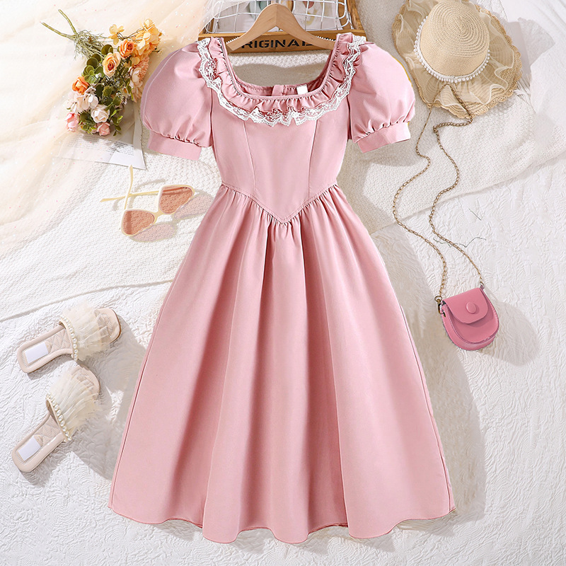Girls' Summer French Elegant Style Dress Square Neck Puff Sleeve Princess Mid To Large Children's Clothing_voghion.com