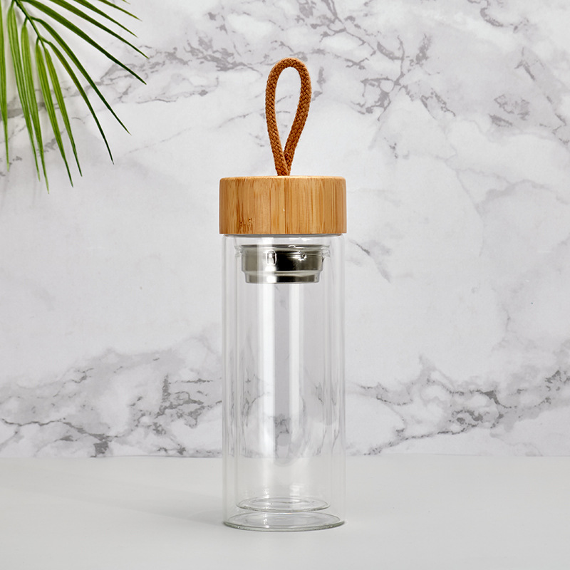 Comercio exterior transfronterizo cubierta de bambú vidrio de gran capacidad de doble capa de borosilicato transparente taza de agua taza de regalo Shell logotipo impreso