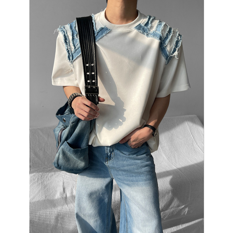 Summer Clothing Niche Shoulder Spelling Denim Design Men's Loose Short-sleeved T-shirt Trendy Brand American Style Duffian Handsome High-end T-shirt