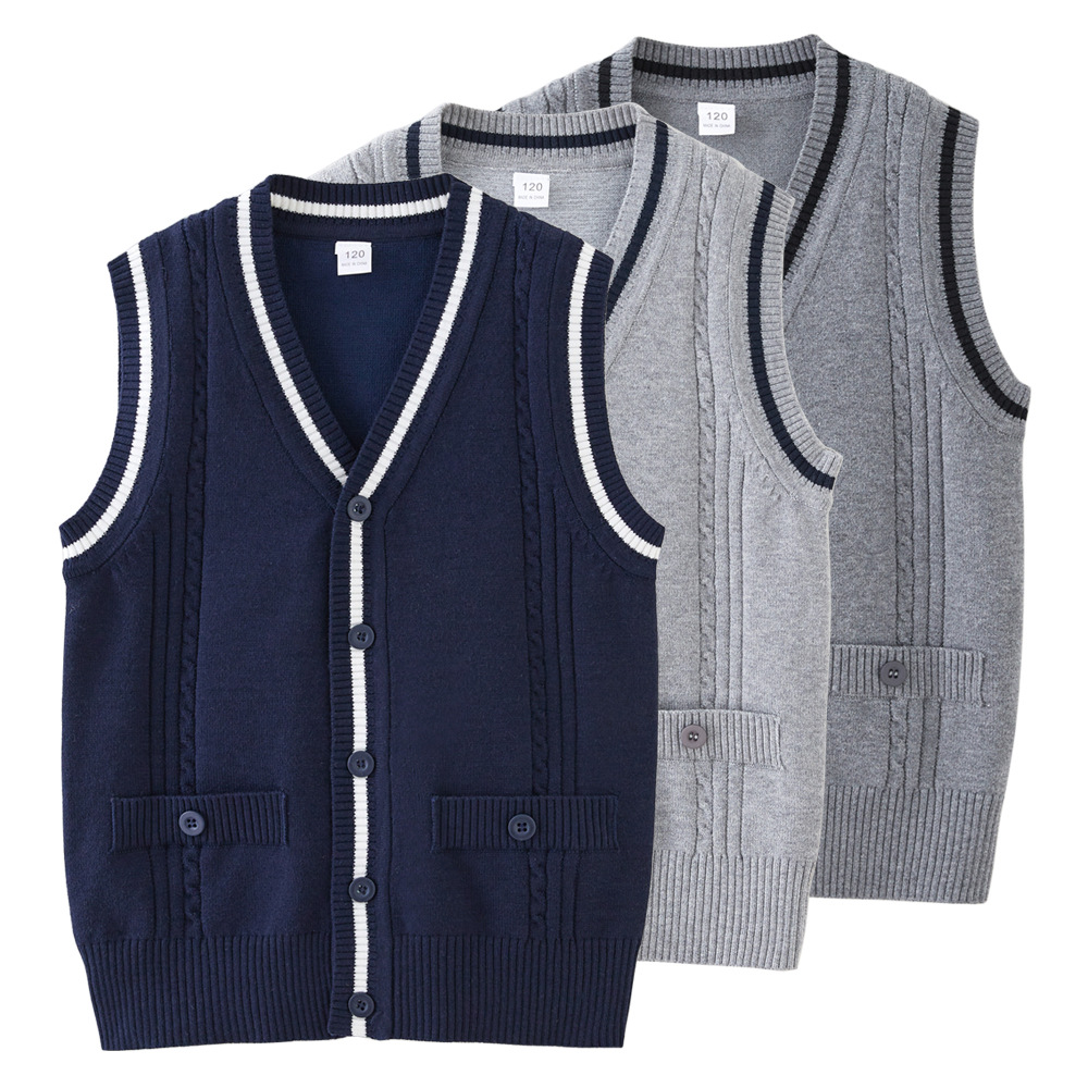 Contraste transfronterizo color giro medio y grande suéter de los niños Chaleco de Bolsillo falso Chaleco de punto de los niños cardigan uniforme escolar de las niñas