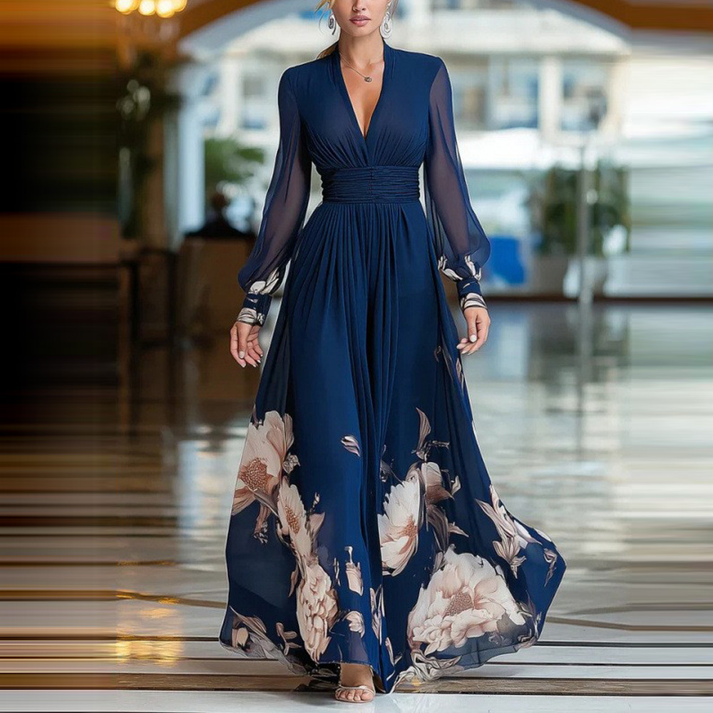 Amazon Aliexpress 2026 Spring Long Mesh Patchwork French Slim Fit Dress Versatile Printed Long Dress for Women
