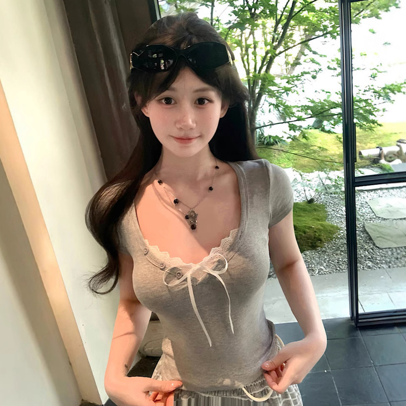 Fake Two-piece Pure Desire Style Stitching Lace Short-sleeved T-shirt Women's Bow Waist Slimming White Short Top Trendy