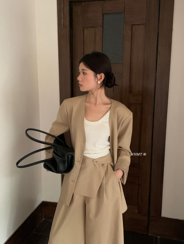 卡其色感西装套装女2025春秋新款韩系轻熟风休闲阔腿裤两件套配腰|undefined