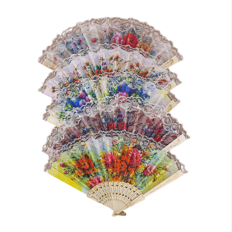 Nuevo abanico español, abanico de encaje, abanico plegable de estilo chino, abanico de flores de seda de estilo antiguo, fabricante al por mayor
