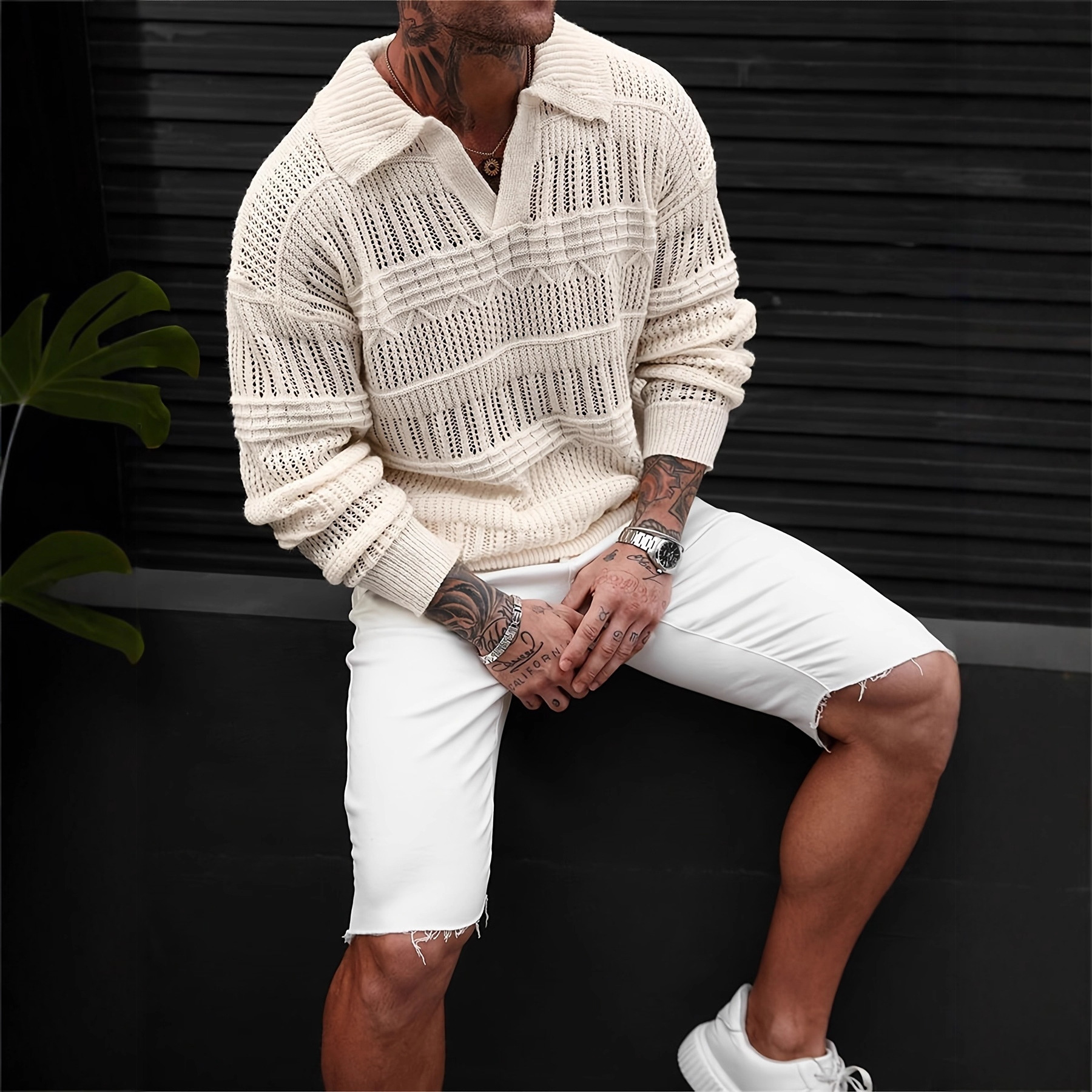 ​Men's Streetwear Hollow-Out Knit Shirt Fashion Loose Fit Short Sleeve Collared Pullover Polyester Breathable Summer Casual​_viptrois.com